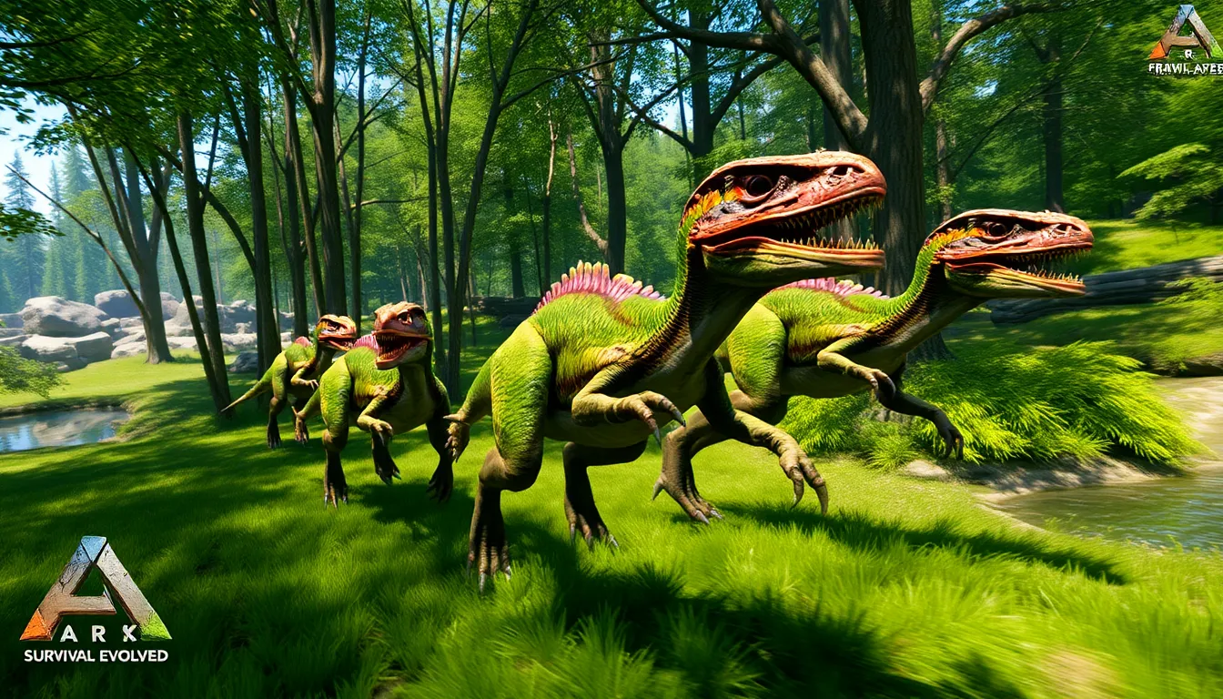 a group of agile raptors running in a lush forest.