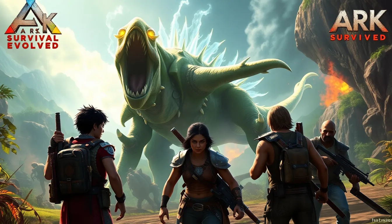 players battling a massive boss in a vibrant game arena.