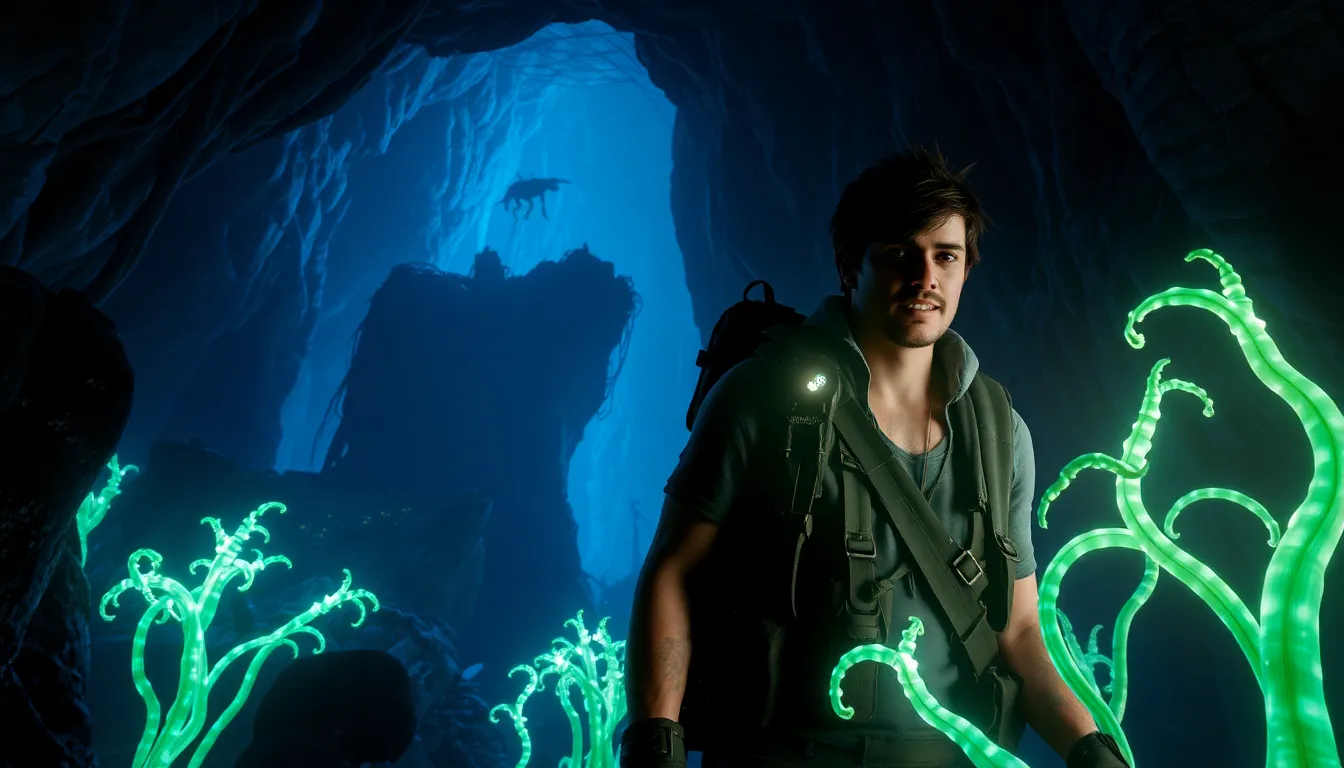 a character exploring the bioluminescent underground world of Aberration.