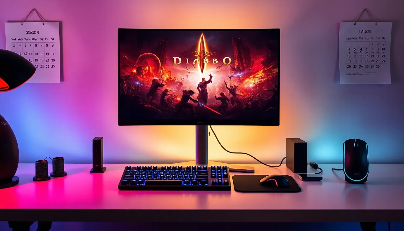 gaming setup highlighting Diablo 4 with promotional calendar for new season.