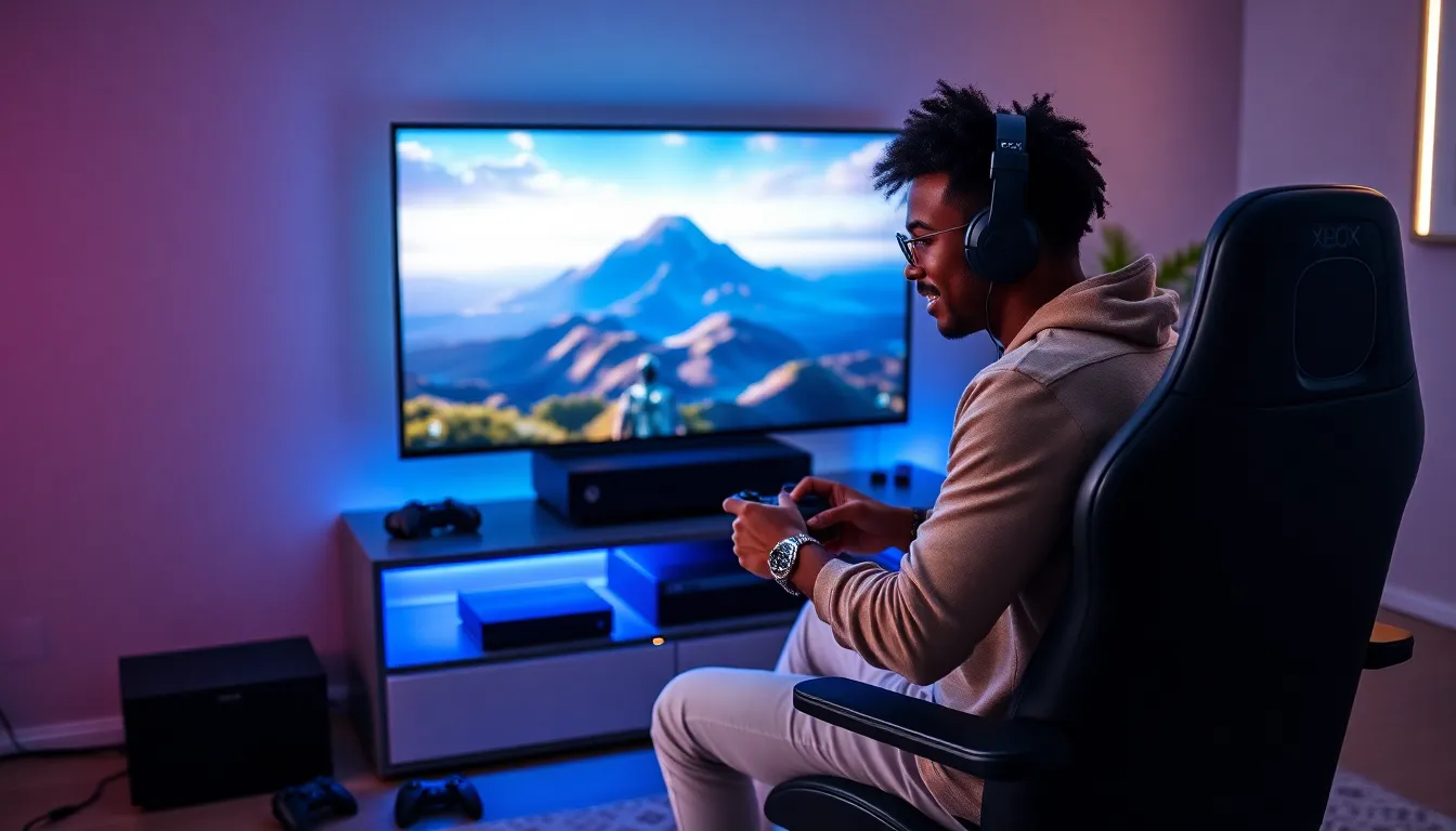 gamer interacting with Xbox console and dynamic background in a modern setup.