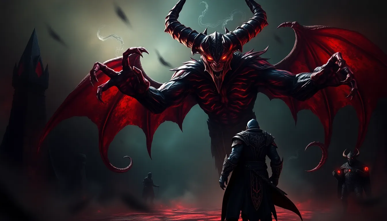 Mephisto from Diablo 2 confronts a warrior in a dark, chaotic setting.